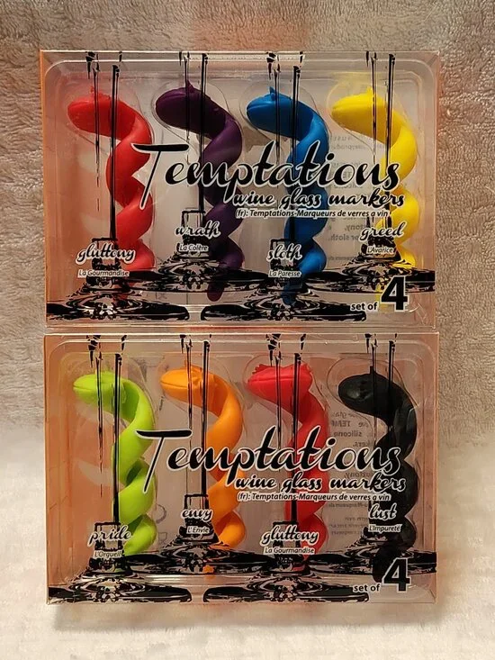 TEMPTATIONS Deadly Sins Silicone Wine Glass Markers - Set of Eight (8) - NEW
