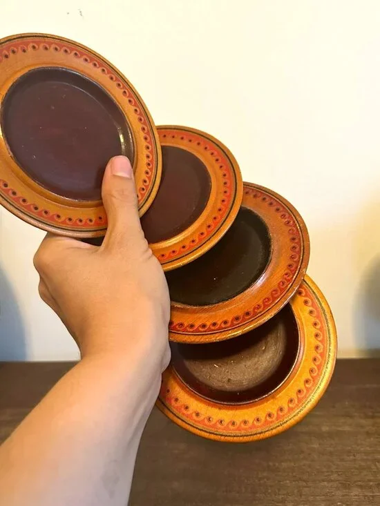 Set of 4 Round Wood Coasters 4in Dotted Rim Made in Ukraine USSR