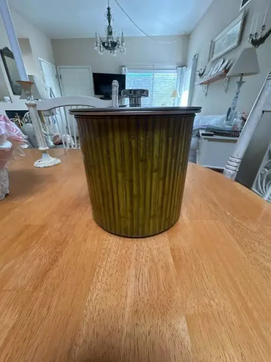 Vintage Mid Century Modern Faux Bamboo Green Ice Bucket with Chrome Lid (Italy)
