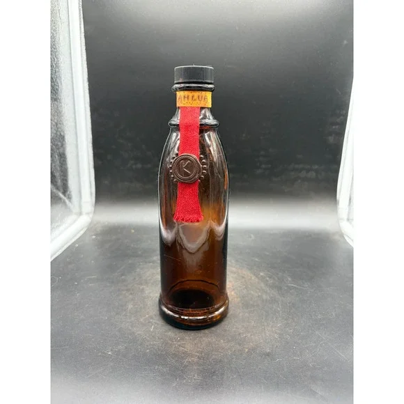 Vintage Kahlua Mexico Amber Glass Bottle Red Ribbon Faux Wax Seal Collectible