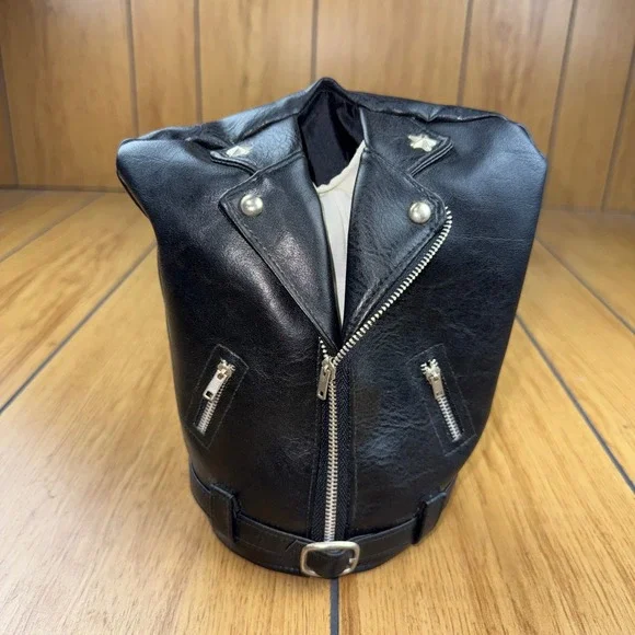 Vintage Biker Leather Jacket Wine Bottle Cooler Sleeve with Freezing Elements