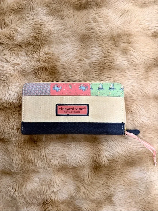 Vineyard Vines Canvas Patchwork Nautical Zip Wallet with Coral & Mint Accents