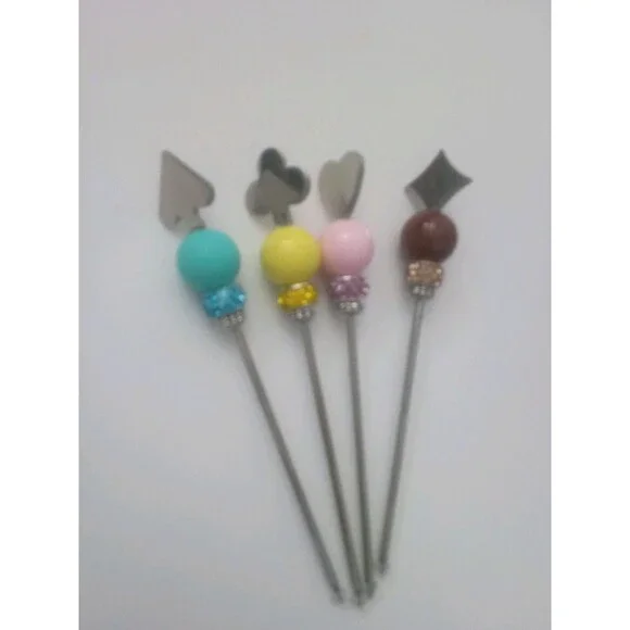 Set Of Four Beaded Cocktail  Sticks Card Suit Theme Great For Card Game Or Gift