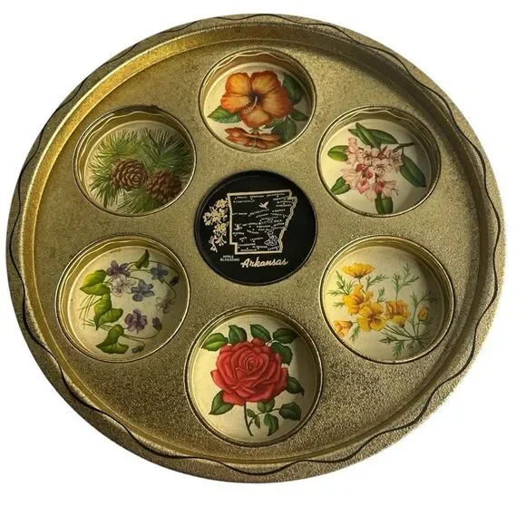 Vintage MCM Arkansas Floral Serving Tray Tin Barware Drink 7 Tumblers