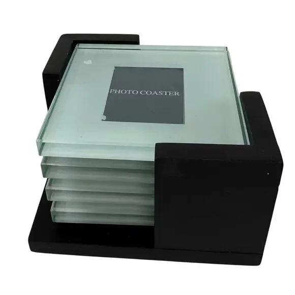 Photo Frame Coasters Wood Holder Tempered Glass Square Home Decorative Set of 4