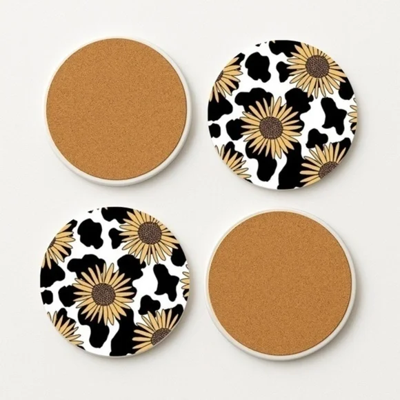 Sunflower Cow Print Ceramic Bar Coaster Set