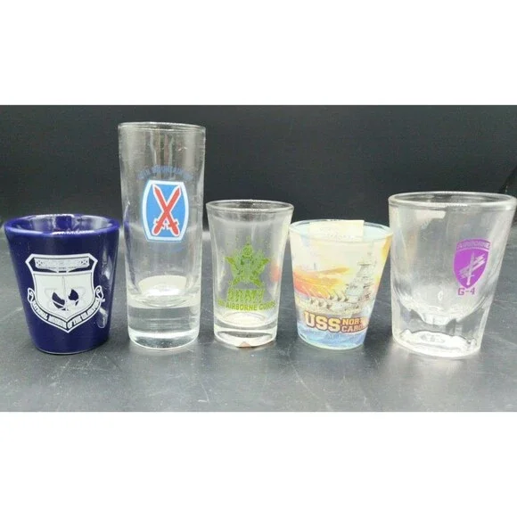 Lot of 5 Military Shot Glasses Navy USS Battleship Airborne Air Force Fort Drum