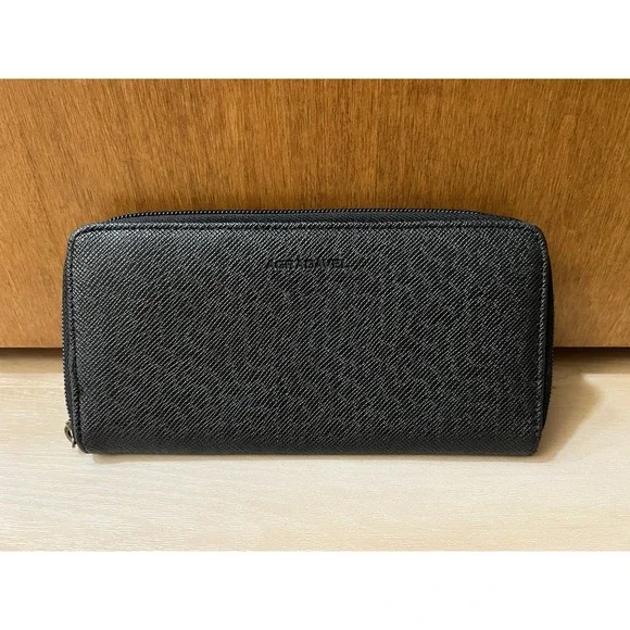 AGRADAVEL Long Wallet Black Zip Wallet Crossgrain Texture Silver Hardware EUC‎