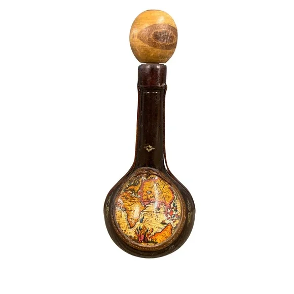 Vintage Leather Wrapped Glass Decanter Bottle Old World Map Design Wood Stopper