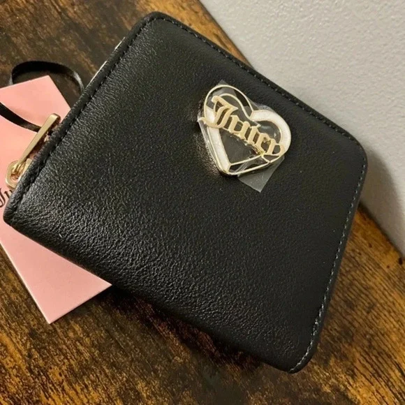 Juicy Couture Black Faux Leather Wallet Gold Logo Foldover Style NWT