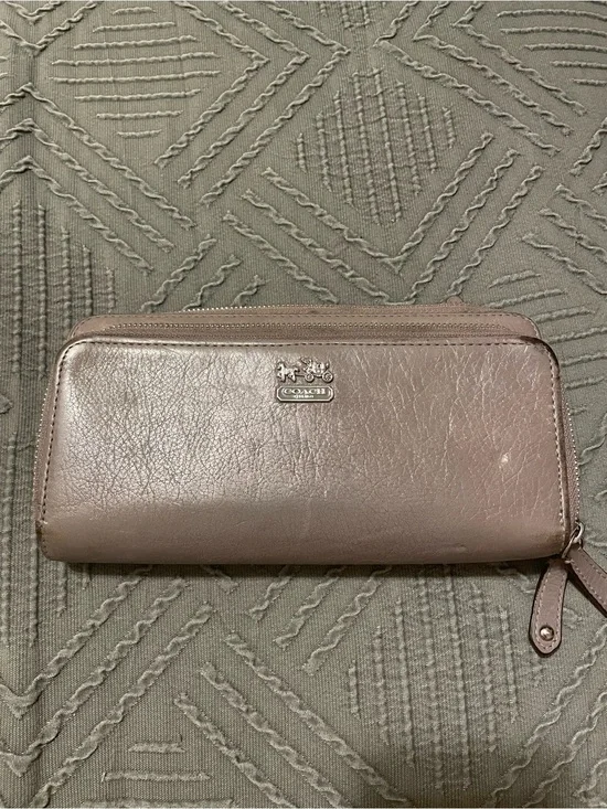 Coach Leather Zip Around Wallet in gray leather