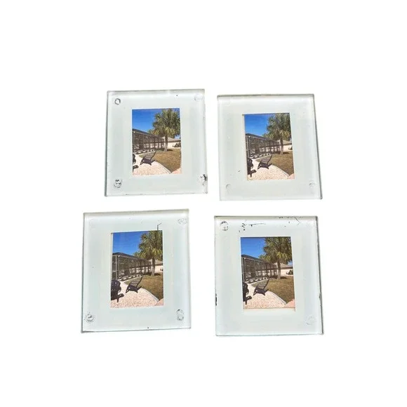 Set‎ of 4 Frosted Glass Photo Frame Drink Coasters Square 4x4 Inch Clear White