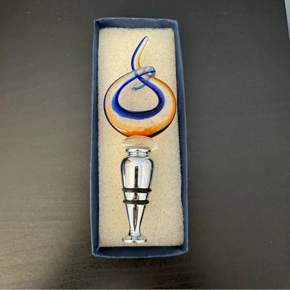 Murano-style Glass Wine Bottle Stopper. Handmade. Blue & orange swirl design NWT