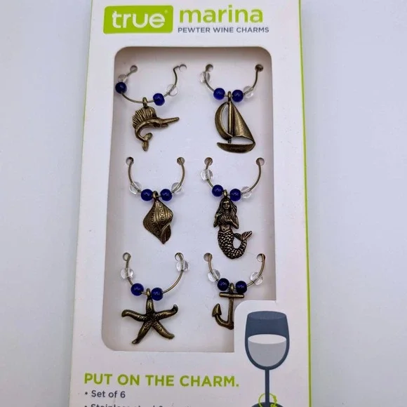 True Marina Pewter‎ Wine Charms Set of 6 Nautical Coastal Bronze Finish NIB