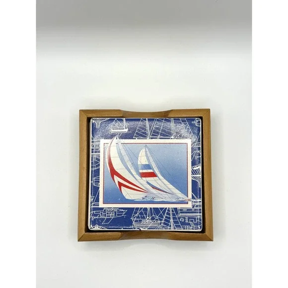 Vintage Nautical Sailboat Ceramic Coaster Set of 4 with Wood Holder Blue White‎