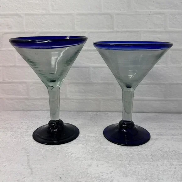 Vintage Mexican Cobalt Blue Rim Margarita Glasses 8 oz Set‎ of 2