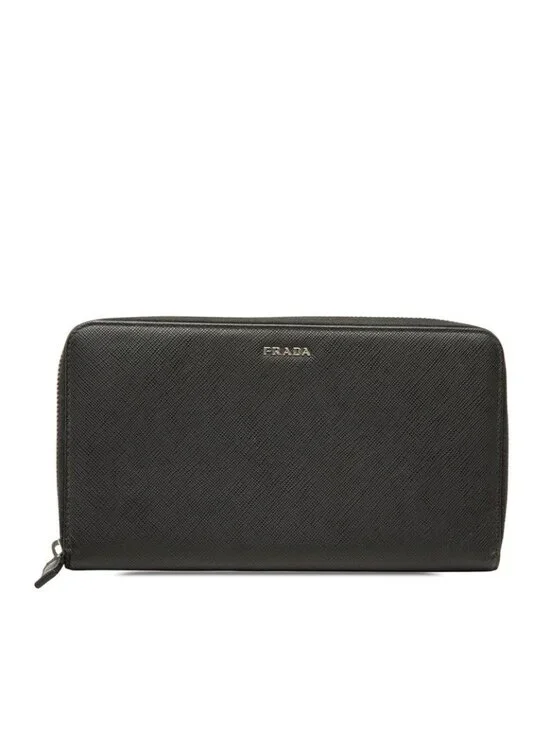 Prada Logo Wallet Zip Around Black Leather