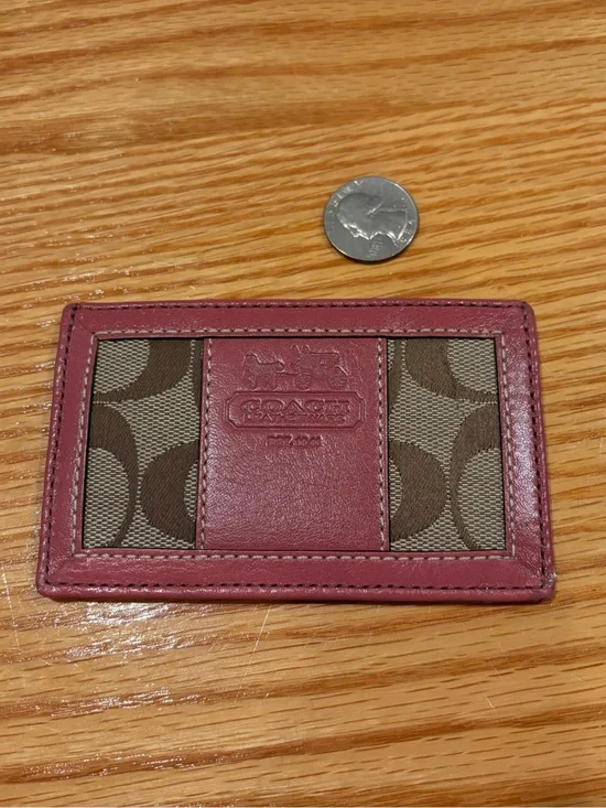 Coach Brown Signature Card Case with Pink Leather Trim