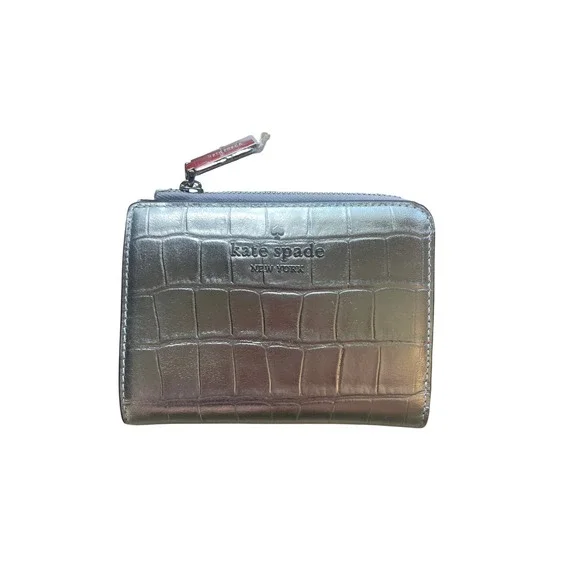 Madison Kate Spade Metallic Silver Croc Embossed Leather Bifold Wallet L-Zip