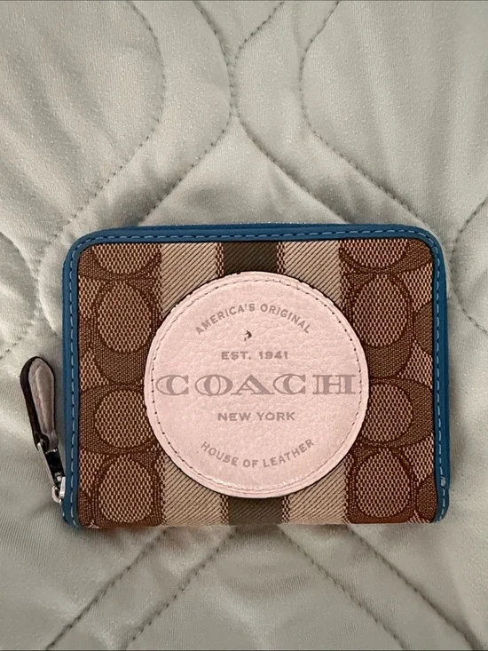 COACH New York Brown Signature Zip Wallet with Pink Patch