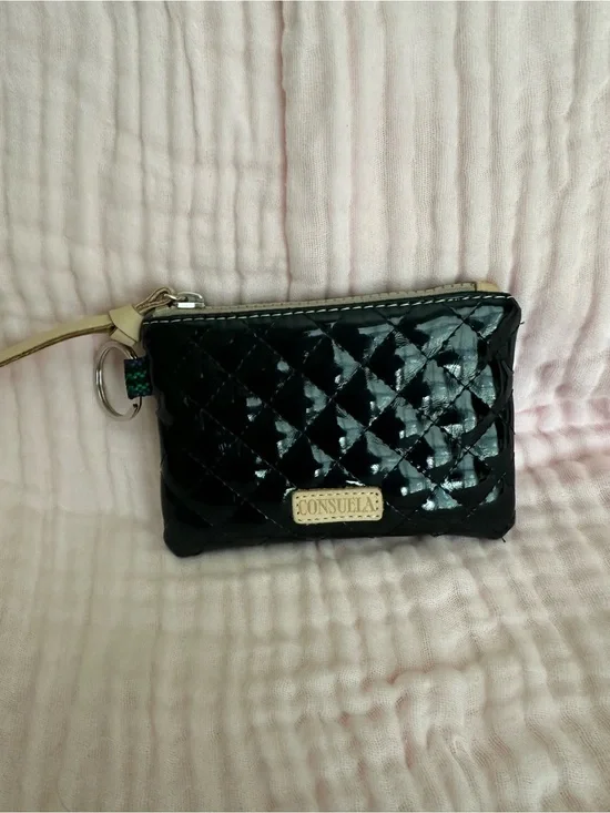 Consuela (Jax) Black Quilted Patent Card Pouch with Genuine Leather