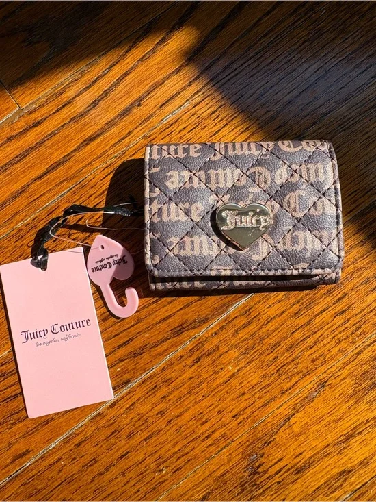 Juicy Couture Brown Quilted Signature Logo Trifold Wallet with Gold Heart Plaque