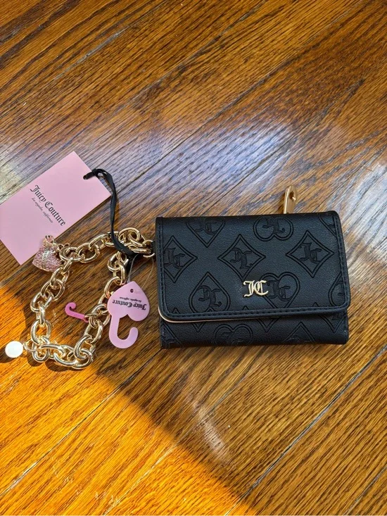 Juicy Couture Black Embossed Logo Compact Wallet with Gold CC Accent