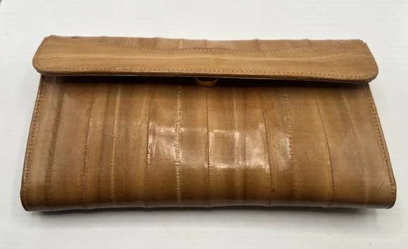 Womens Genuine Eel Skin Wallet Camel Tan Trifold Leather Checkbook Vintage Korea