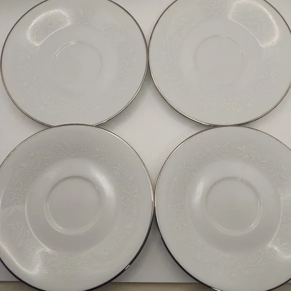 Noritake Reina 6450 Saucers Set of 4 Floral Embossed Platinum‎ Trim