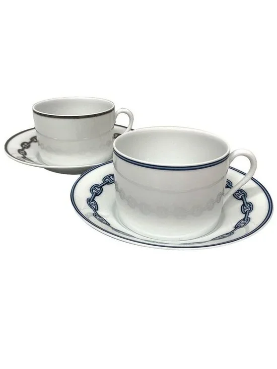 Hermes Chaine D'Ancre Morning Cup & Saucer Platinum Blue Pair Set Of 2