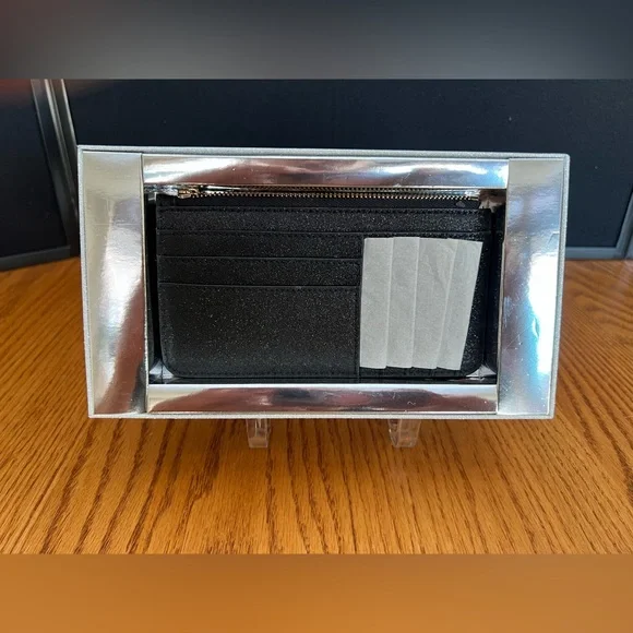 Kate Spade Black Glitter Large Slim Cardholder in Silver Glitter Fabric Box