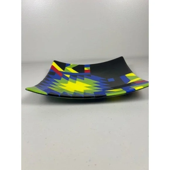Handcrafted Fused Glass Square Console Abstract Geometric Black Blue Yellow 12in