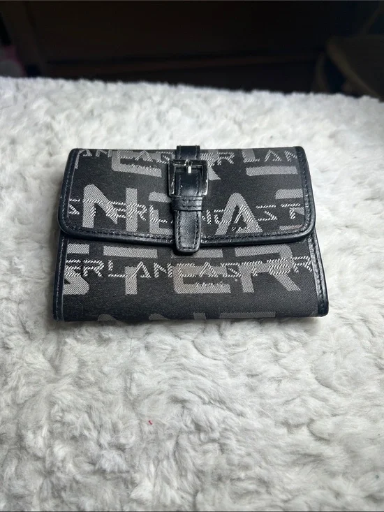 Black Logo-Pattern Card Wallet with Buckle Closure