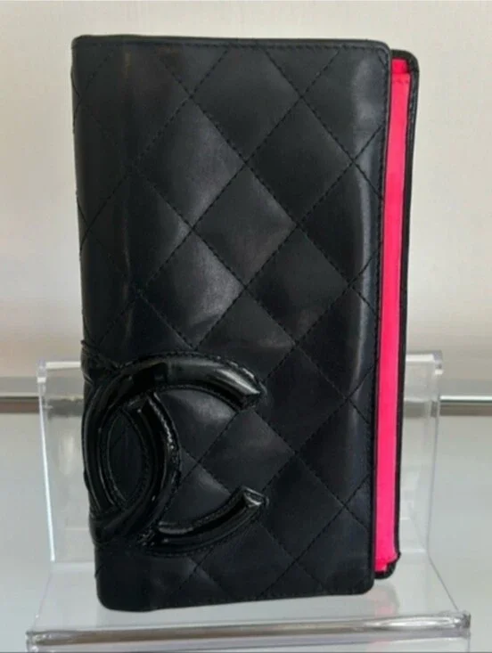 Chanel Cambon Ligne Black Quilted Leather Long Wallet Hot Pink Interior CC Logo