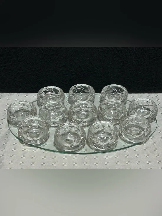 Set Of 10 Antique Open Salt Cellar Dip Etched Crystal Glass Clear Edge Flower