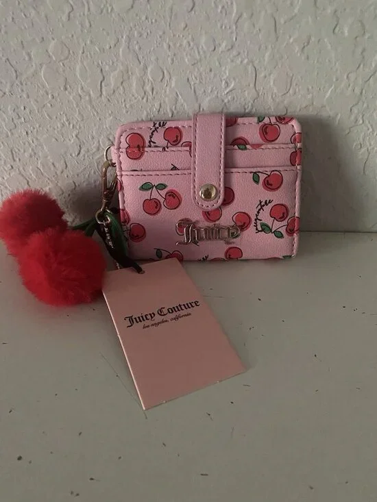 Juicy Couture Cherry Girl‎ CC Wallet W/Back Window Flamingo  W/Charm Pom Pom NEW