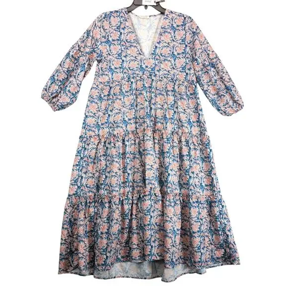 SundayUp Floral Tiered Midi Dress Sz S Puff Sleeves‎ Blue/Orange V-Neck Cottage