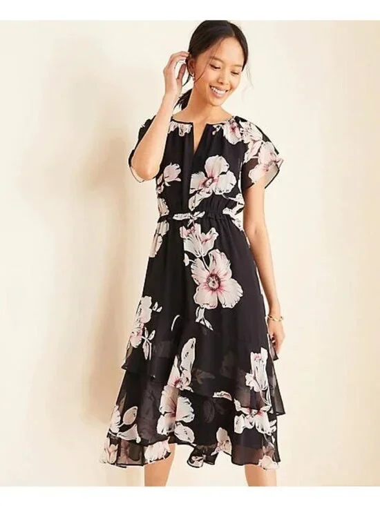 NEW Ann Taylor Blue Floral Tiered Ruffle Midi Dress Flowy Size 12 Women's