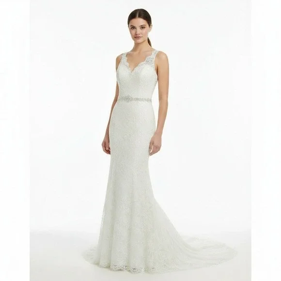 Elegant Lace Wedding Dress V Neck Beaded Sash Trumpet‎ Silhouette sz 4-6