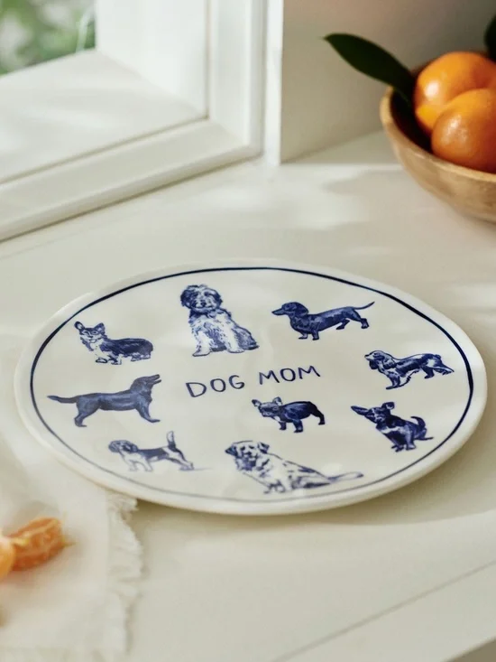Anthropologie Stoneware Dog Mom Plate Dessert Molly Hatch New White Blue 8.25”
