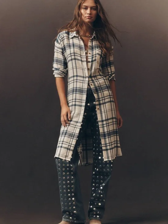 Pilcro Cream and Navy Long-Line Button Front Plaid High-Low Shirt Dress