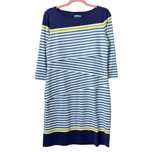 J. McLaughlin Dress Womens Large Blue Catalina Cloth Striped 3/4 Sleeve‎ Layered