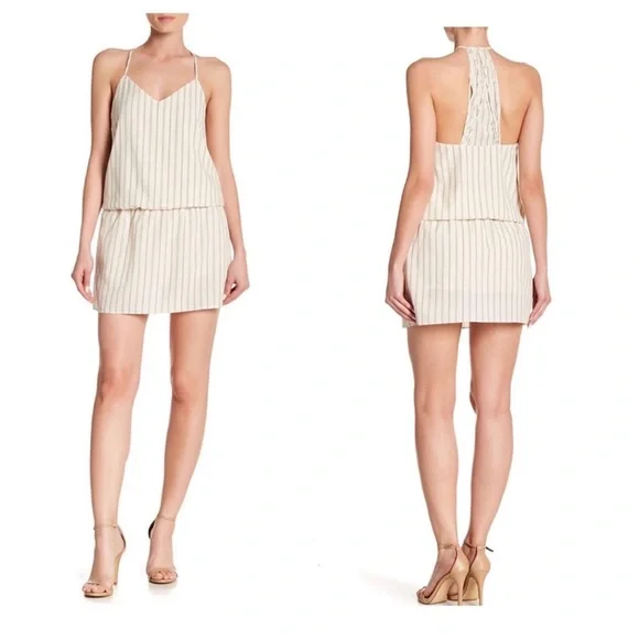 NWT Haute Hippie Mirage Blouson Waist Herringbone Stripe Mini Dress Ivory Blue S