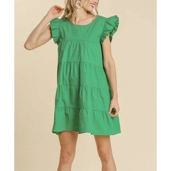 Umgee Green Tiered Dress‎ Ruffle Sleeveless Casual Cotton Women's Size S Beach
