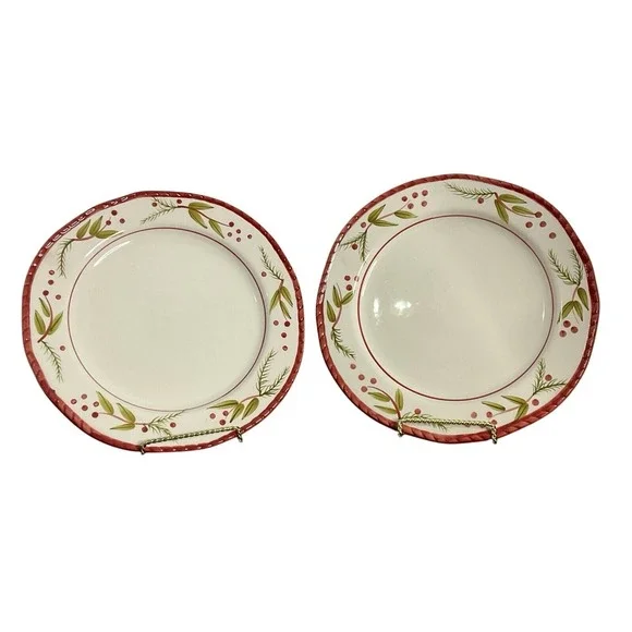 Canterbury Potteries Cranberry Wreaths Hand Painted‎ (2) Dinner Plates 10.5