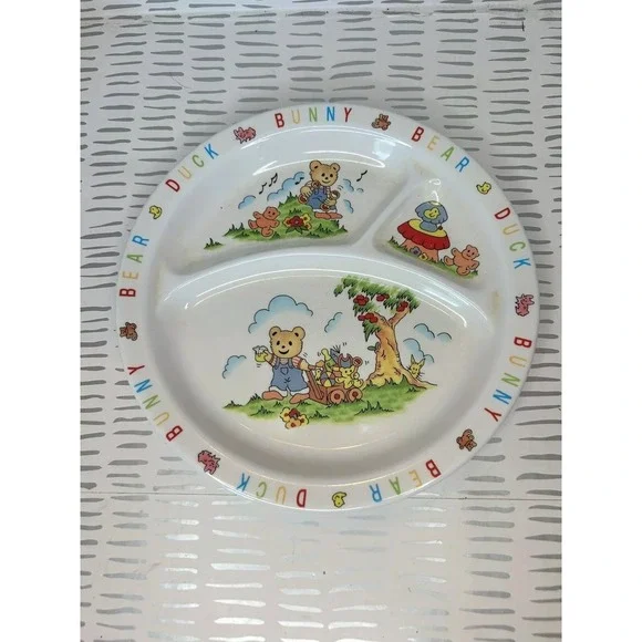 Vintage Melamine Ware Divided Kids Plate Bear Bunny Duck Nursery White Retro‎