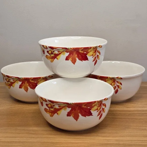 New Set Of 4-Royal Norfolk Autumn Leaves & Acorns Ceramic Soup Cereal Bowls 6