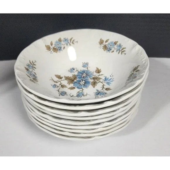 5 VTG‎ Staffordshire Ironstone Coupe Cereal Bowls Blossomtime Blue England 6.5