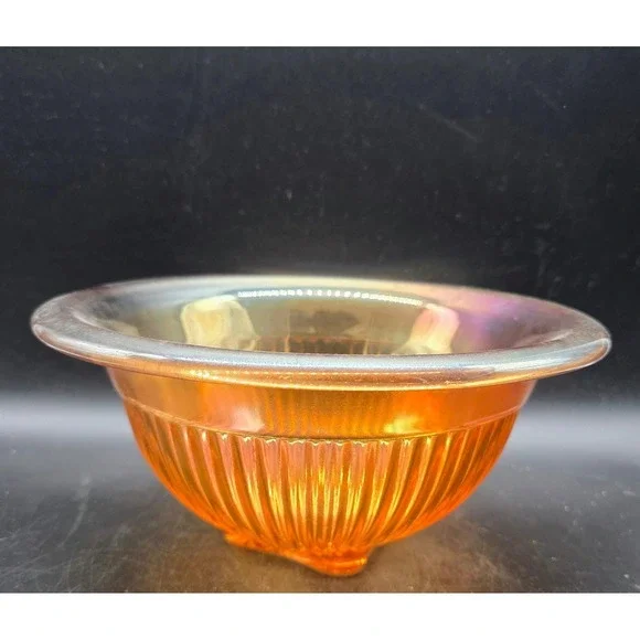 Vintage Marigold Carnival Glass Ribbed Bowl Iridescent‎ Four Footed Luster 9.75