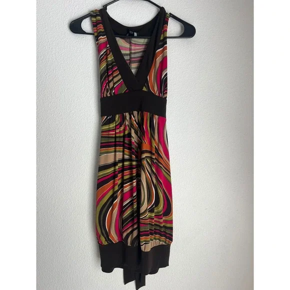 iz byer California‎ Dress L Brown Pink Green Abstract Print Sleeveless Tank